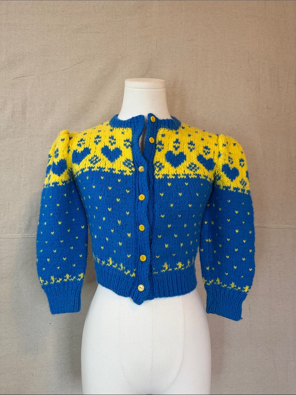 Vintage Blue and Yellow Heart Knit Cardigan Sweater